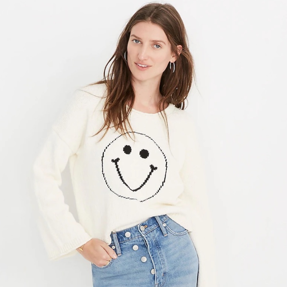 Madewell White Smiley Face Sweater